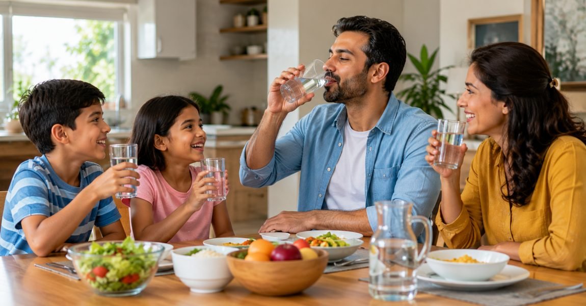 A happy family sharing a meal and glasses of water at their dining table